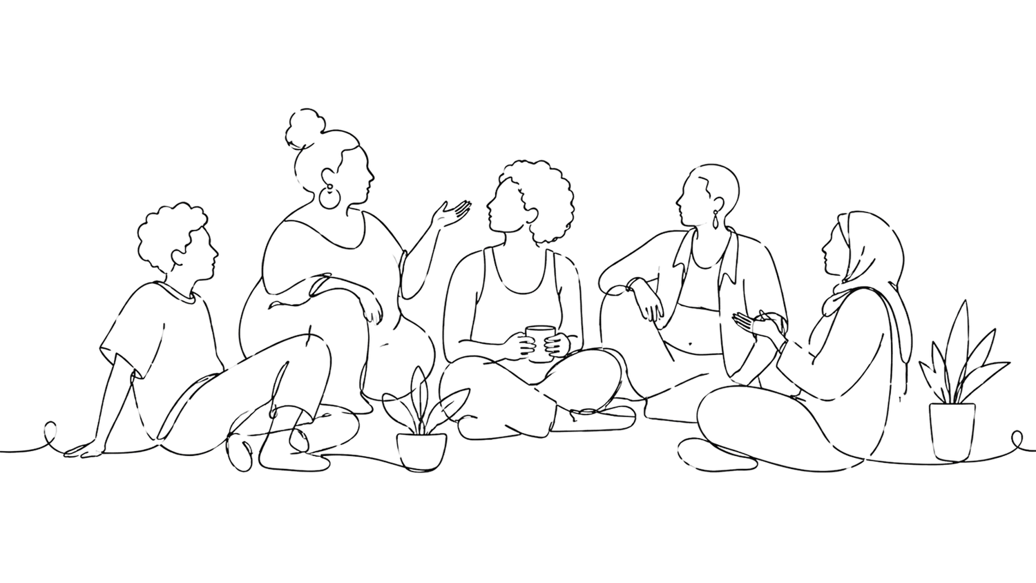 Dessin au trait d’un groupe assis ensemble en pleine conversation