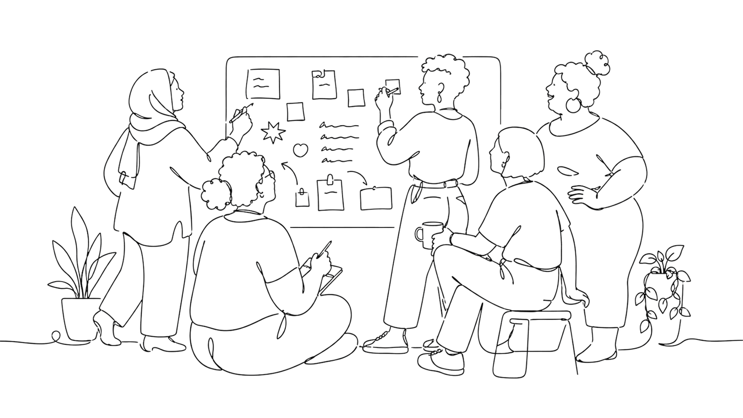 Dessin au trait d’un groupe qui collabore autour d’une table