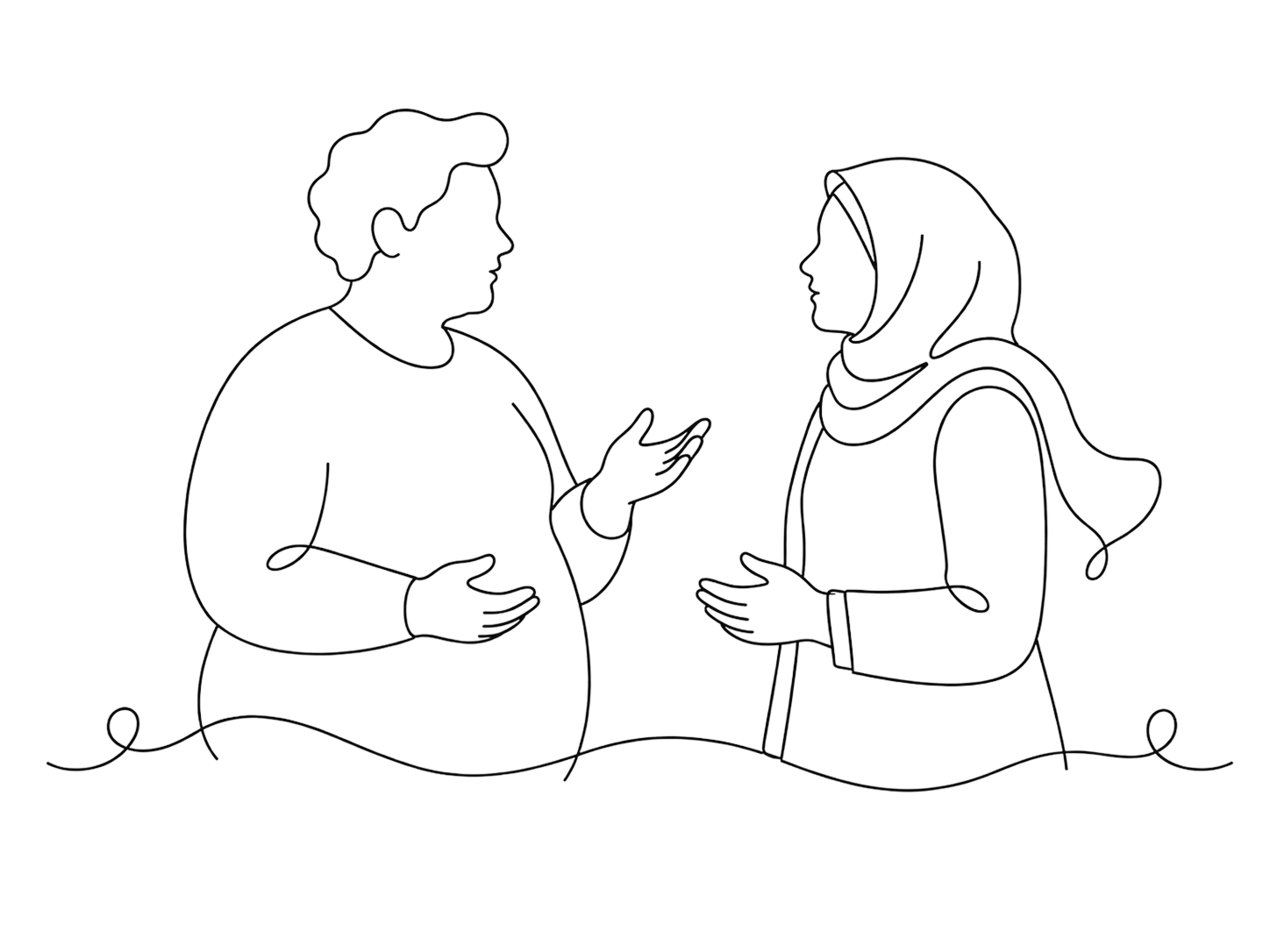 Dessin au trait de deux personnes en conversation